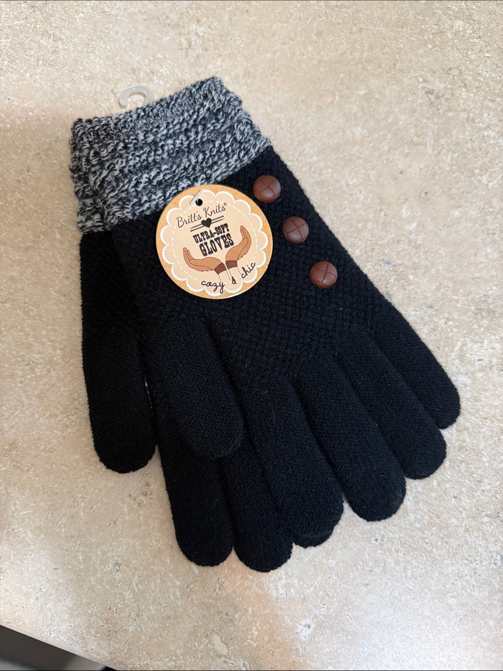Britt's Knits Women's Black Knit Gloves with Gray Marled Cuff